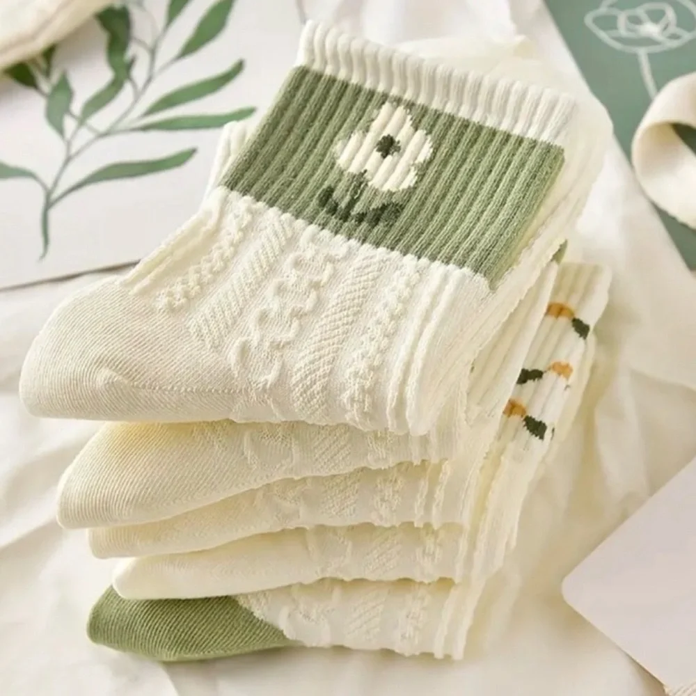 New 5pair Mid Tube socks Embroidered Green Clover floral ribbed cuffs cable knit